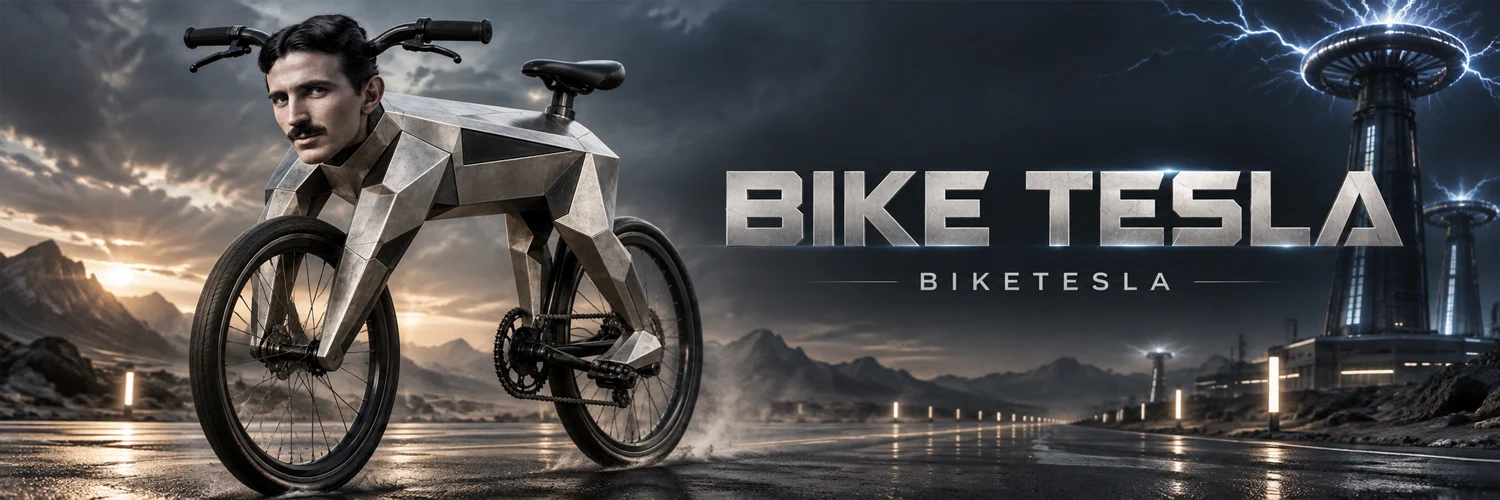 BIKE TESLA on a rain-soaked mountain highway beside a Tesla coil, with the metallic BIKE TESLA wordmark