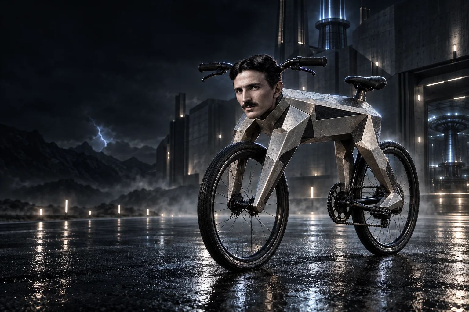 Nikola Tesla fused with an angular stainless-steel bicycle on a dark, wet road
