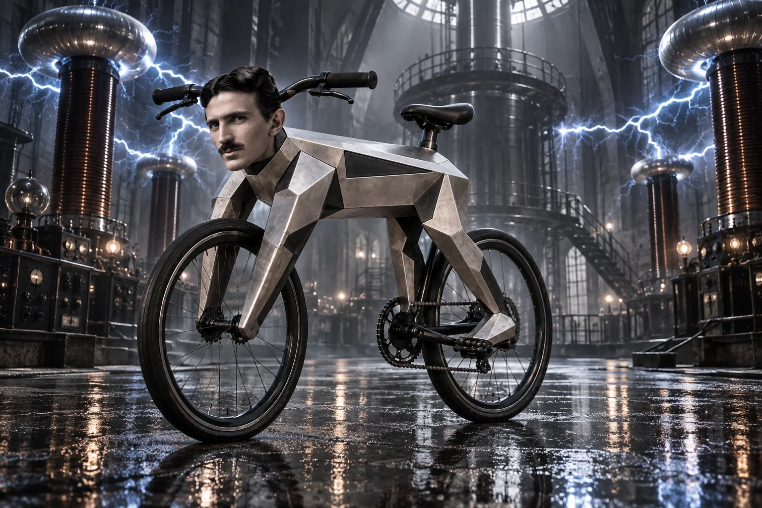 BIKE TESLA standing between immense Tesla coils in a dark industrial laboratory