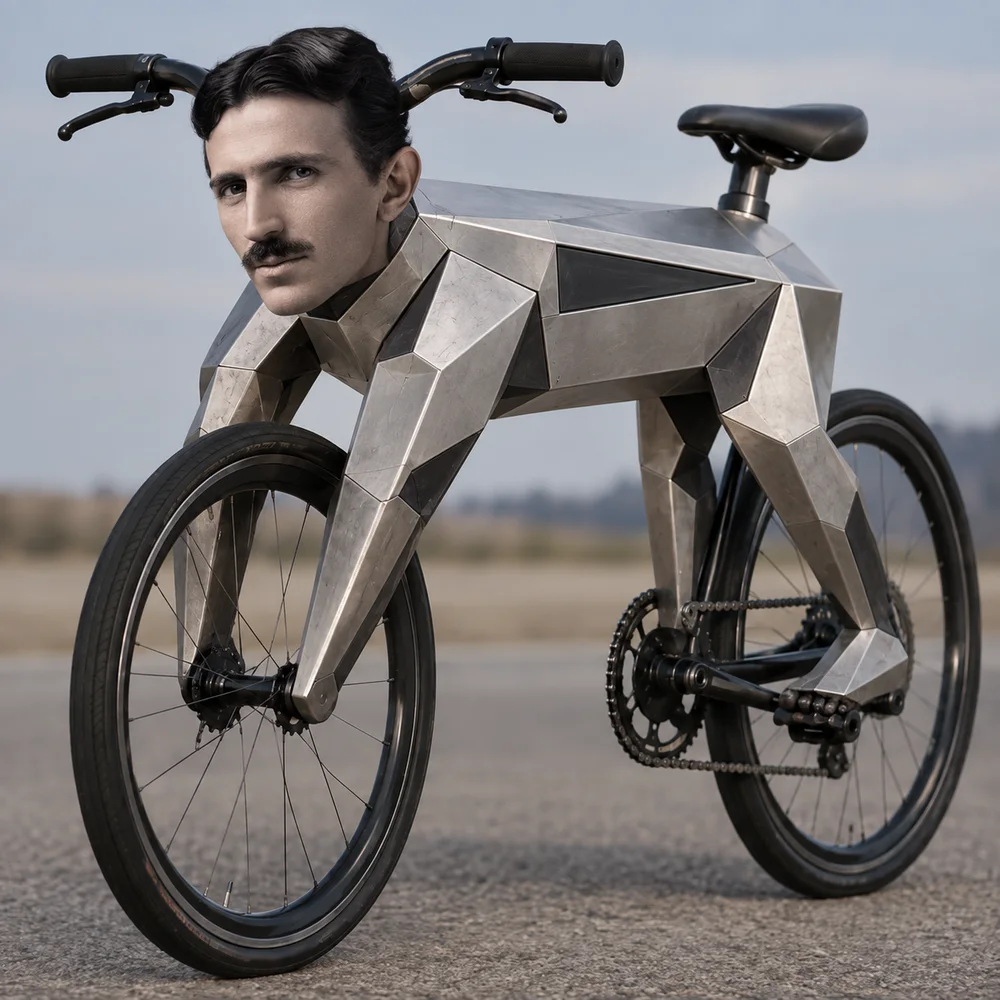 The original BIKE TESLA: Tesla’s face, angular steel body, handlebars, wheels and chain